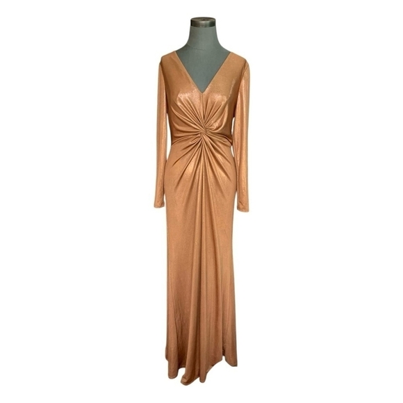 NWT Women Dress Lauren Ralph Lauren Twisted Gold Metallic Jersey Gown Maxi Dress - Picture 6 of 11